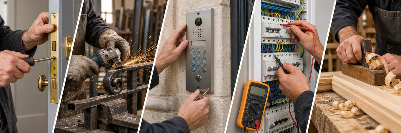 Les cinq métiers CFS séparés par des diagonales : serrurerie, métallerie, contrôle d’accès, électricité et menuiserie
