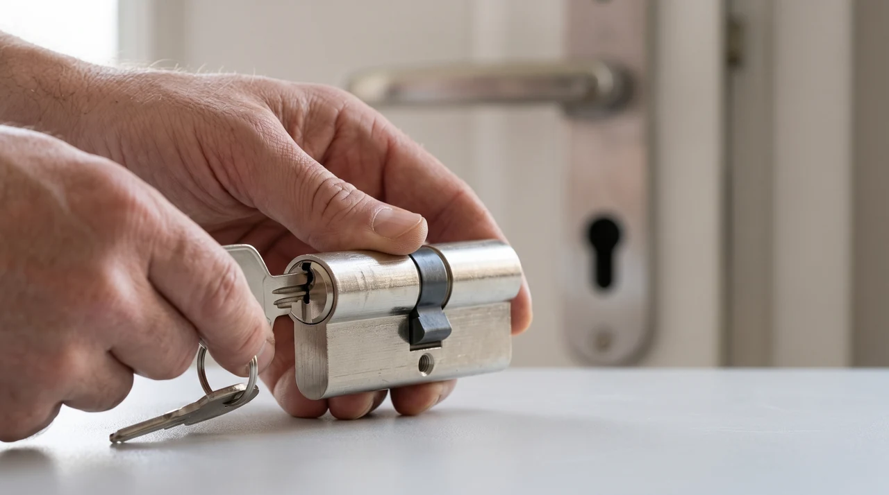 Mains tenant un cylindre européen de serrure et sa clé devant une porte