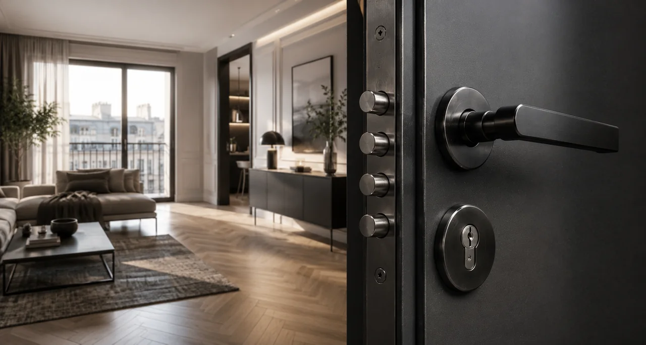 Détail d’une porte équipée d’une serrure multipoints