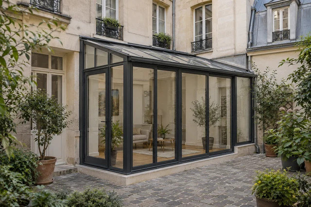 Verrière à ossature sombre dans une cour intérieure parisienne