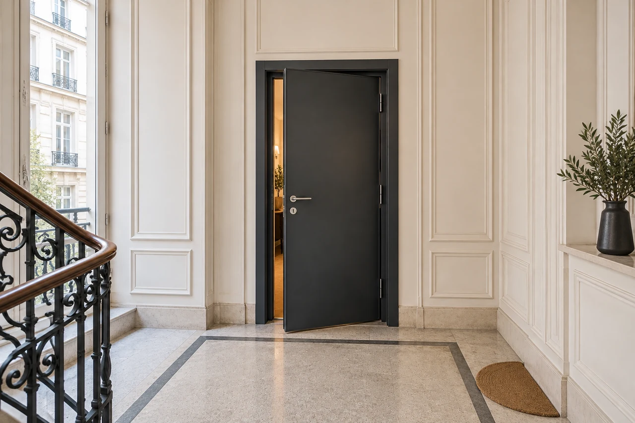 Porte blindée anthracite sur un palier parisien