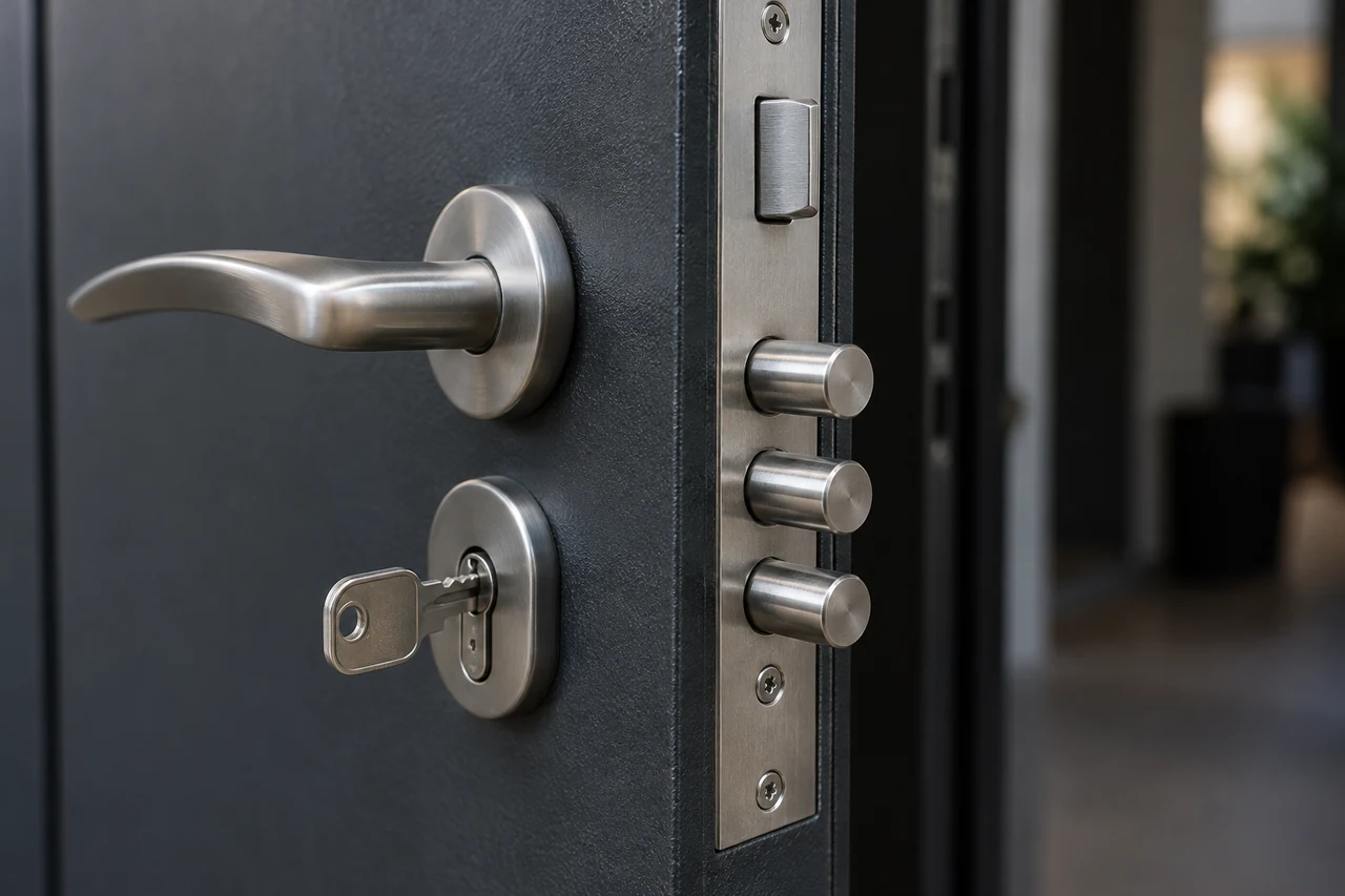 Poignée, clé et pênes d’une serrure sur une porte métallique